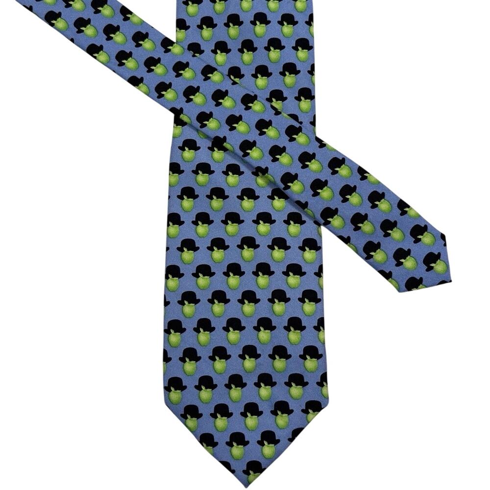 Josh Bach Apples & Hats 100% Silk Neck Tie Blue Whimsical Magritte-Inspired